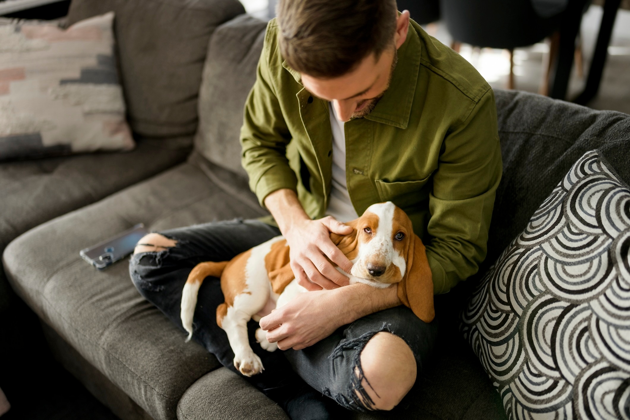 man holding a basset hound puppy on a couch