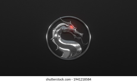 Dragon logo of metal, red glowing eye in round ring on black background. Mortal Kombat. Film and game concept