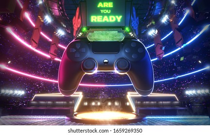 Neon light glow e-sport arena with the big joy pad and screen in middle stadium, 3d rendering background illustration.