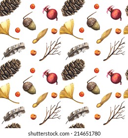 Watercolor seamless pattern with autumn leaves berries and pine cones. Vector seamless background with natural elements . Autumn forest, feathers, berries, cones.