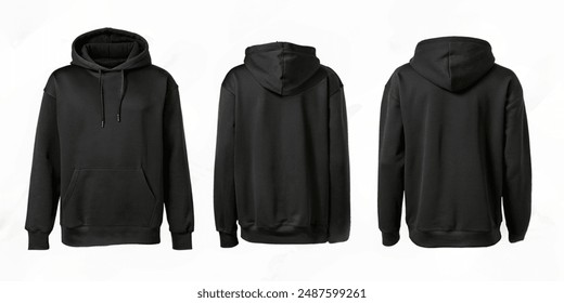 Blank black hoodie template. Hoodie sweatshirt long sleeve with clipping path, hoody for design mockup for print, isolated on white background