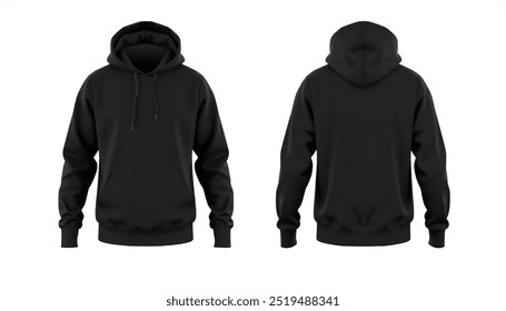 Blank black hoodie template. Hoodie sweatshirt long sleeve with clipping path, hoody for design mockup for print, isolated on white background