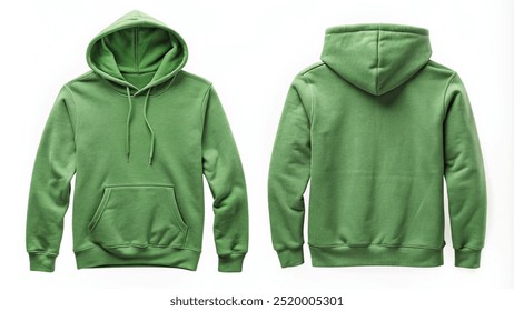 Blank green hoodie for mock up template, front and back view, isolated on white, plain hoodie mockup. Tee sweater sweatshirt design presentation for print.