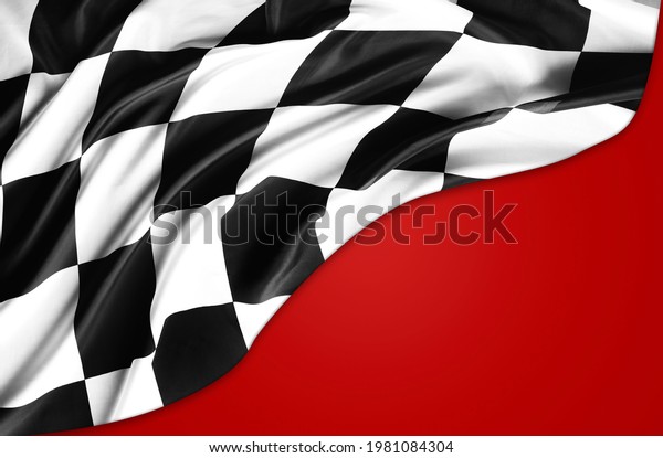 Checkered black\
and white flag on red\
background