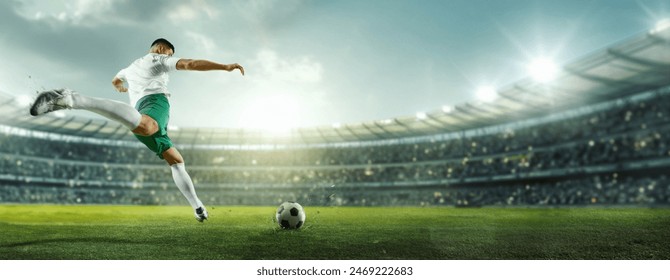 Cinematic image of penalty. Focused on game, running soccer, football player at stadium during decisive, final match. Concept of professional sport, championship, tournament, movement. Ad