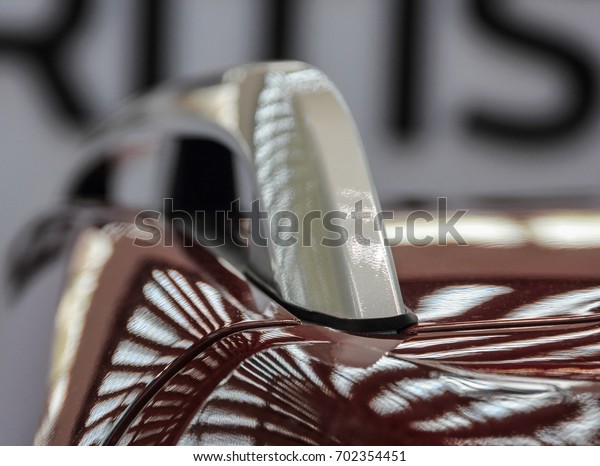 The close up of metallic gray car rooftop\
carrier on brown car\
rooftop.