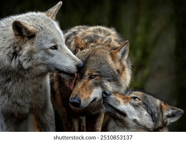 A close up of pack of Grey Wolves