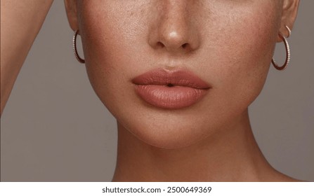 Close-up photo of a beautiful young woman's face with fresh and smooth skin and pink lips with a light background _ smooth skin with skin and body care 