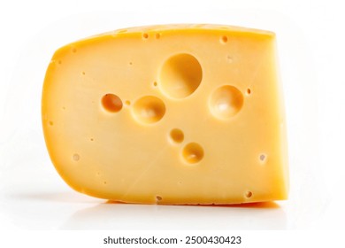 close-up of a piece of cheese with holes. Emmental cheese triangle, Swiss cheese, isolated on white background. High resolution image