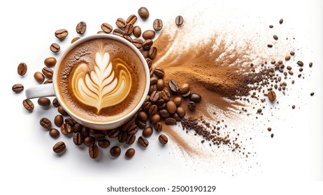 Coffee Mug and Grinded Coffee Beans Concept Photography Isolated on White Background