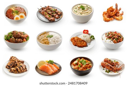 Delicious Arabic and Asian foods set. Many different foods isolated on white background. Hummus, prawns, seekh kebab, butter chicken, grilled chicken, lobster, dal with rice. many Food collection set 