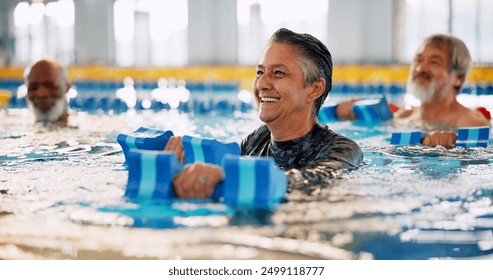 Dumbbell, group and mature woman in swimming pool for exercise, healthy body and strong muscle. Aqua therapy, water and aerobics class for fitness, physiotherapy or rehabilitation of senior person