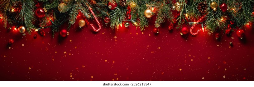 Fir branches with Christmas balls on glittering red background with winter holiday lights