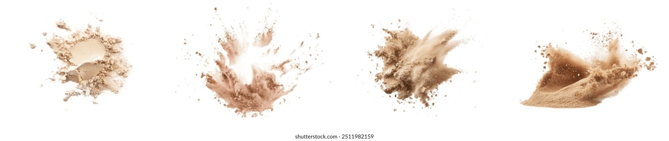 A flying sand explosion. Abstract sand cloud. Yellow colored sand splashing in the air. White background, high speed shutter. Throwing freeze stop motion.