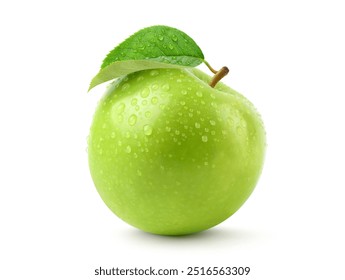 Fresh green apple with leaf and water droplets isolated on white background. Clipping path.