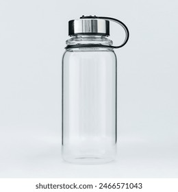 glass water bottle. Isolated on a white background. close up photo of glass bottle. glass tumbler bottle and drink container isolated on white background. Glass water bottle for travel