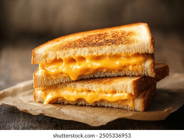 Grilled cheese sandwich with melted cheddar cheese, presented on a rustic wooden board, overhead view composition, professional food photography.