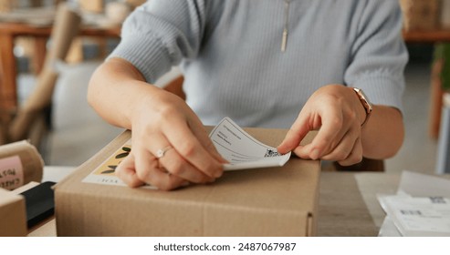 Hands, woman and package label for delivery of e commerce order, shipping information and courier. Female owner, logistics and box with business sticker, stock packaging and process for distribution