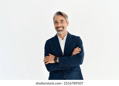 Happy middle aged business man company owner entrepreneur, smiling mature professional executive manager, confident businessman leader looking at camera standing arms crossed isolated white, portrait.