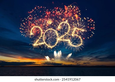 Happy New Year 2025. Beautiful creative holiday web banner or flyer with red fireworks and Golden sparkling number 2025 on blue sky over water