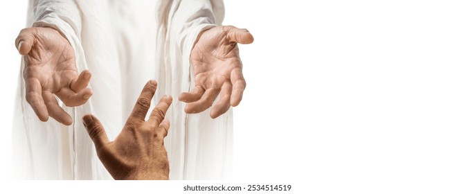 Lending Helping Hand is associated with the Savior Jesus Christ. Сlose-up of Biblical scene, concept of Holy Scriptures of Old and New Testaments, Christian religion