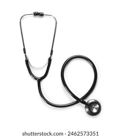 New stethoscope on white background, top view. Medical instrument