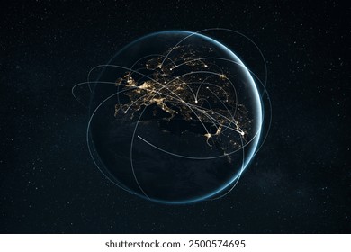 Night planet earth from space with light lines of communication and connection. Business and finance, concept.  Global communications system and the World Wide Web. Technologies and communications.