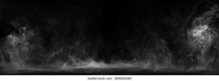 Panoramic view of the abstract fog. White cloudiness, mist or smog moves on black background. Beautiful swirling gray smoke. Mockup for your logo. Wide angle horizontal wallpaper or web banner.