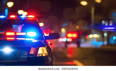 Police cars at night. Police car chasing a car at night. 911 Emergency response police car speeding to scene of crime. Selective focus on cars