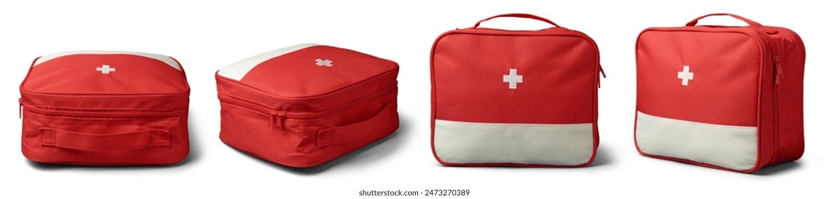 red first aid kit bags in different angles isolated white background, portable medicine canvas pouch with closed zipper for medical care in case of an emergency