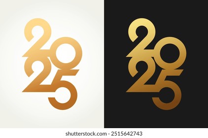 2025 Happy New Year gold logo text design on black background and white background