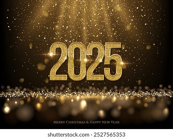 2025 Happy New Year greeting card vector illustration. 2025 gold numbers with golden falling confetti decoration and glow light effect, festive sparkle of tinsel texture in holiday design background.