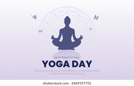 21 June - International Yoga Day Banner and Greeting Card Design. Modern and Elegant Yoga Day Creative with Woman in Meditation Pose Vector Illustration