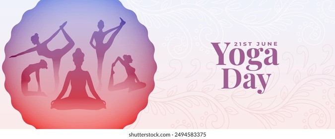 21st june yoga day white banner woman doing different yoga posture vector 