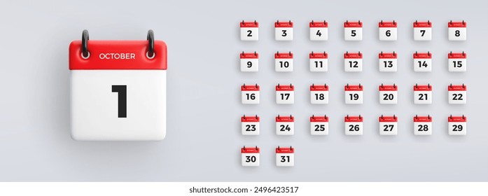 Icono de calendario 3D con fecha del 1 al 31 de octubre sobre fondo gris. colección de símbolos de programación de Vectores.