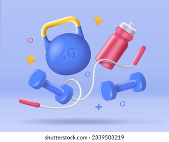 3D gym equipment concept. Jump rope, dumbbells, kettlebell and water bottle. Active lifestyle and sport, workout and training. Cartoon isometric vector illustrations isolated on blue background