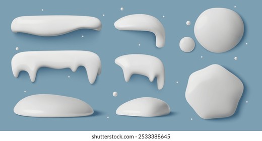 bonés de neve 3d, icicles, snowdrifts, pilhas e coleção de bolas de neve em um fundo azul. Elementos mínimos para o design de quadros de inverno, fundos e botões. Ilustração vetorial.