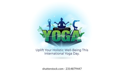 3D vector illustration International yoga day, 21 June Poster design. Group of people stretching body posture and doing yoga.