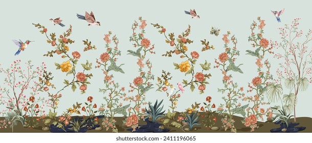 3d wallpaper design with branches, birds and flowers for digital wall print