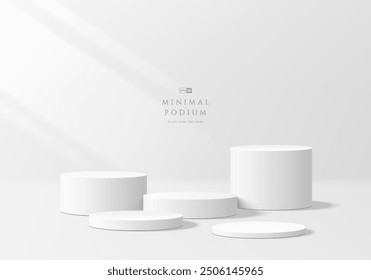 3D white round podium set background with light and shadow. Abstract geometric composition in minimalist design. 3D studio display showroom product pedestal, Fashion stage showcase mockup scene.