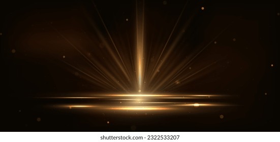 Abstract glowing gold vertical lighting lines on dark  background with lighting effect and sparkle with copy space for text. Luxury design style. Vector illustration