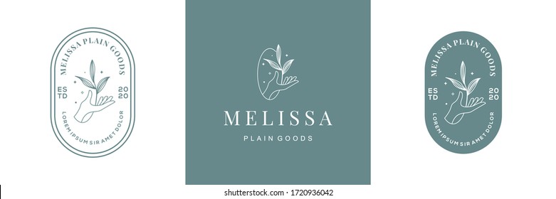 abstract vector logo design with hand and leaves. symbol for cosmetics, jewellery, beauty products badge on feminine style. suitable for floral and botanical business