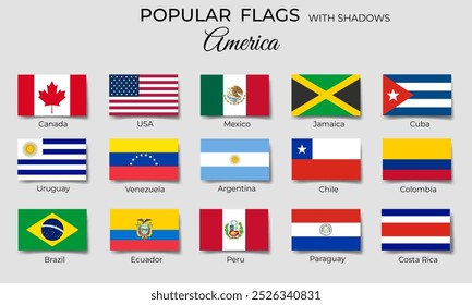 Banderas americanas con sombras. Rectángulo america banderas iconos planos. México, Ecuador, Perú, Brasil