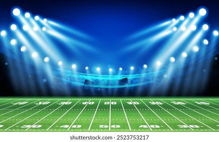 Campo de fútbol americano con diseño de luces brillantes del estadio. Iluminación de Vector