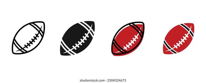 Fútbol americano, pelota de rugby varios estilos, contorno, negro sólido y coloreado, Vector editable eps 10.