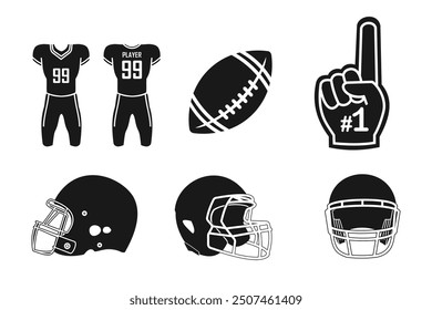 Icono de conjunto de fútbol americano, diseño sólido negro. disponible jersey, pelota de rugby, casco y guantes de fan número uno, Vector editable eps 10.