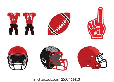 Icono de conjunto de fútbol americano, diseño rojo. disponible jersey, pelota de rugby, casco y guantes de fanático número uno, Vector editable eps 10.