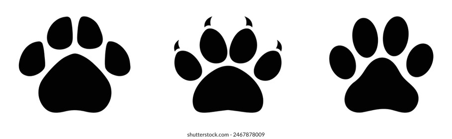 Animal footprint set of three different style foot marks in black color. Black and white sketch of animal footprint vector collection. Paw print of dog, cat, puppy pet footprint, Animal foot print set