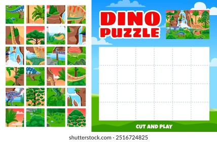 Animals jigsaw puzzle kids logic game with prehistoric dinosaurs. Vector fun and engaging riddle featuring separated pieces with dino, encouraging children to cut and play to assemble the full picture