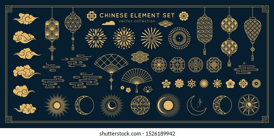 Asian design element set. Vector decorative collection of patterns, lanterns, flowers , clouds, ornaments in chinese and japanese style.